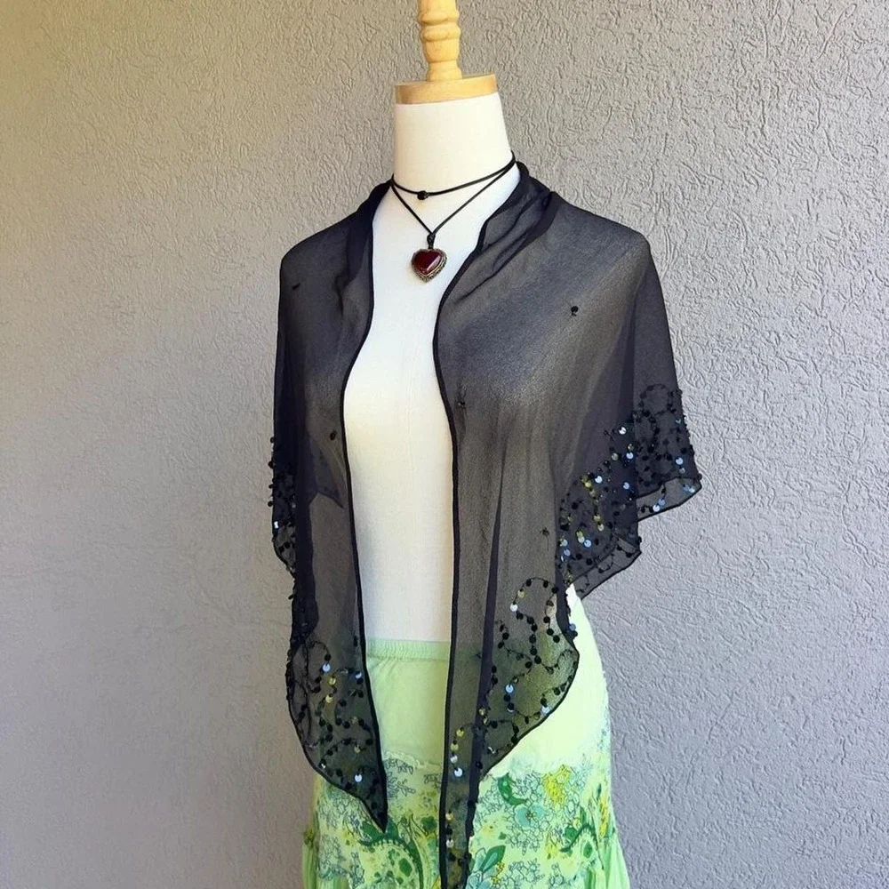 Vintage Black Sequin Shawl Scarf Accessory Whimsigoth